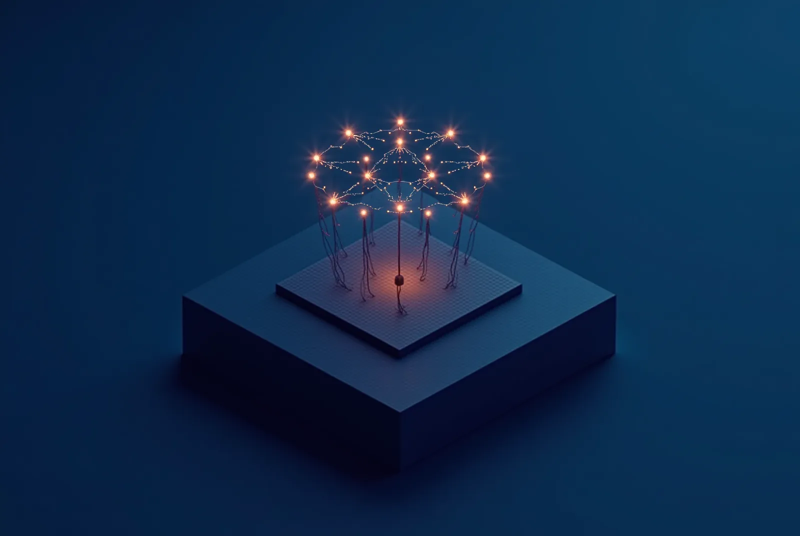 Stylised isometric illustration of a neural lattice of glowing nodes above a construction site platform