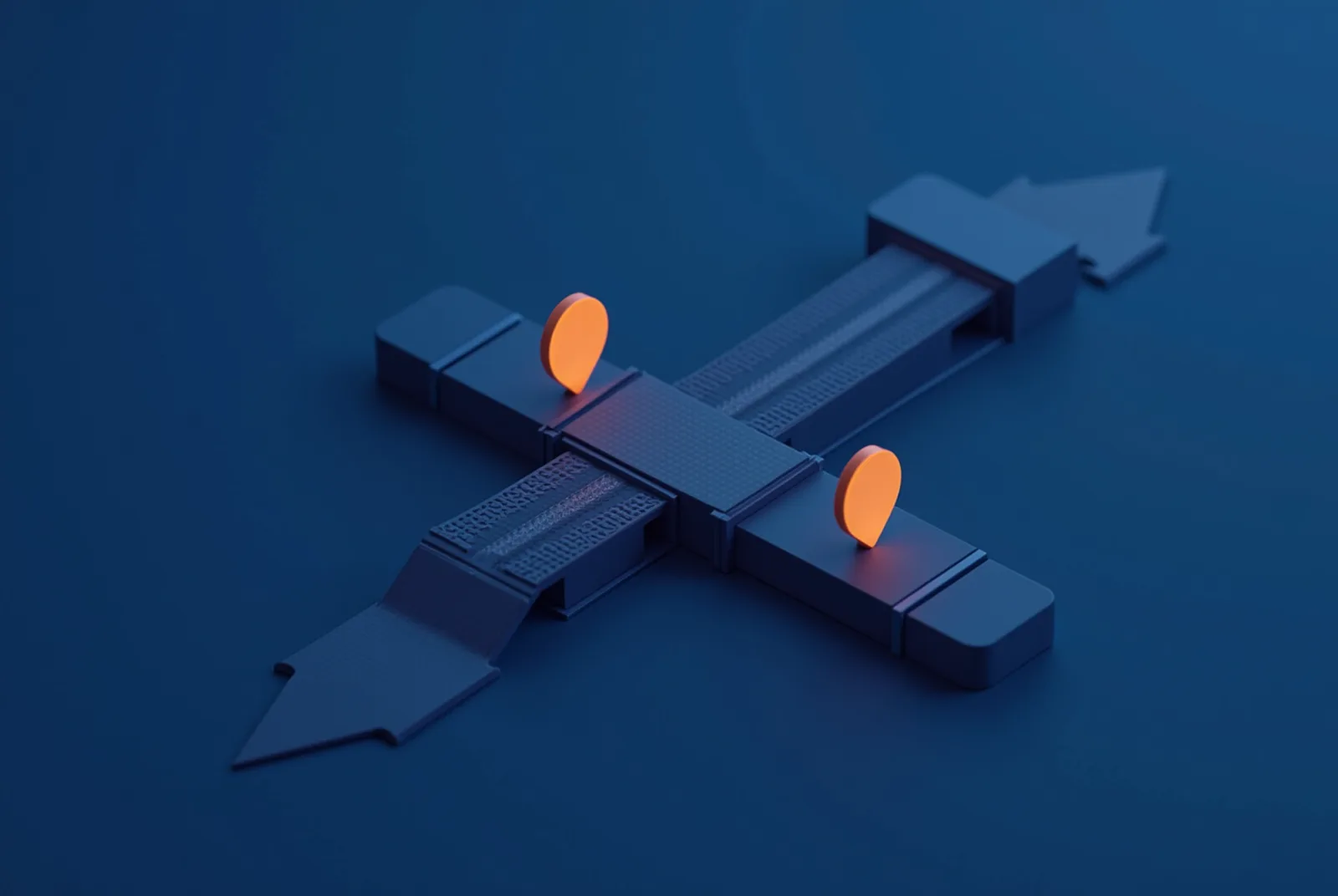 Stylised isometric illustration of approval condition tokens routed along a workflow track with checkpoint gates