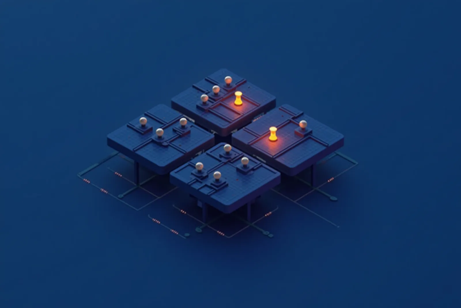 Stylised isometric illustration of a matrix grid connecting crew tokens, material pallets and a ready site tile