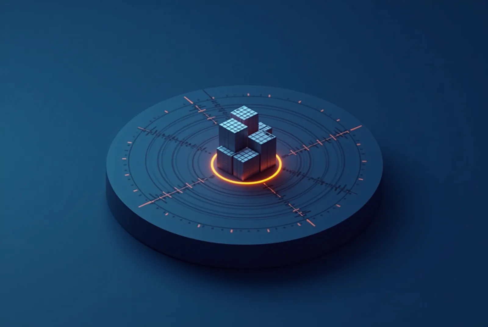 Stylised isometric illustration of a radar timeline disc revealing long-lead supply crates ahead of site need