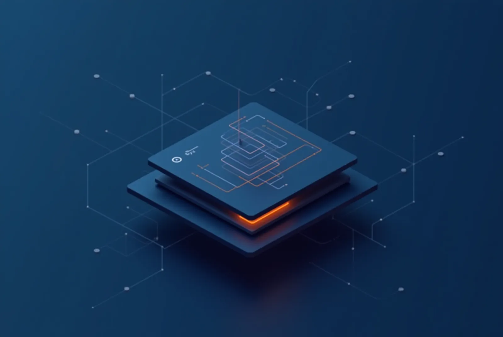 Stylised isometric illustration of an agent node assembling a layered quote document from drawing fragments