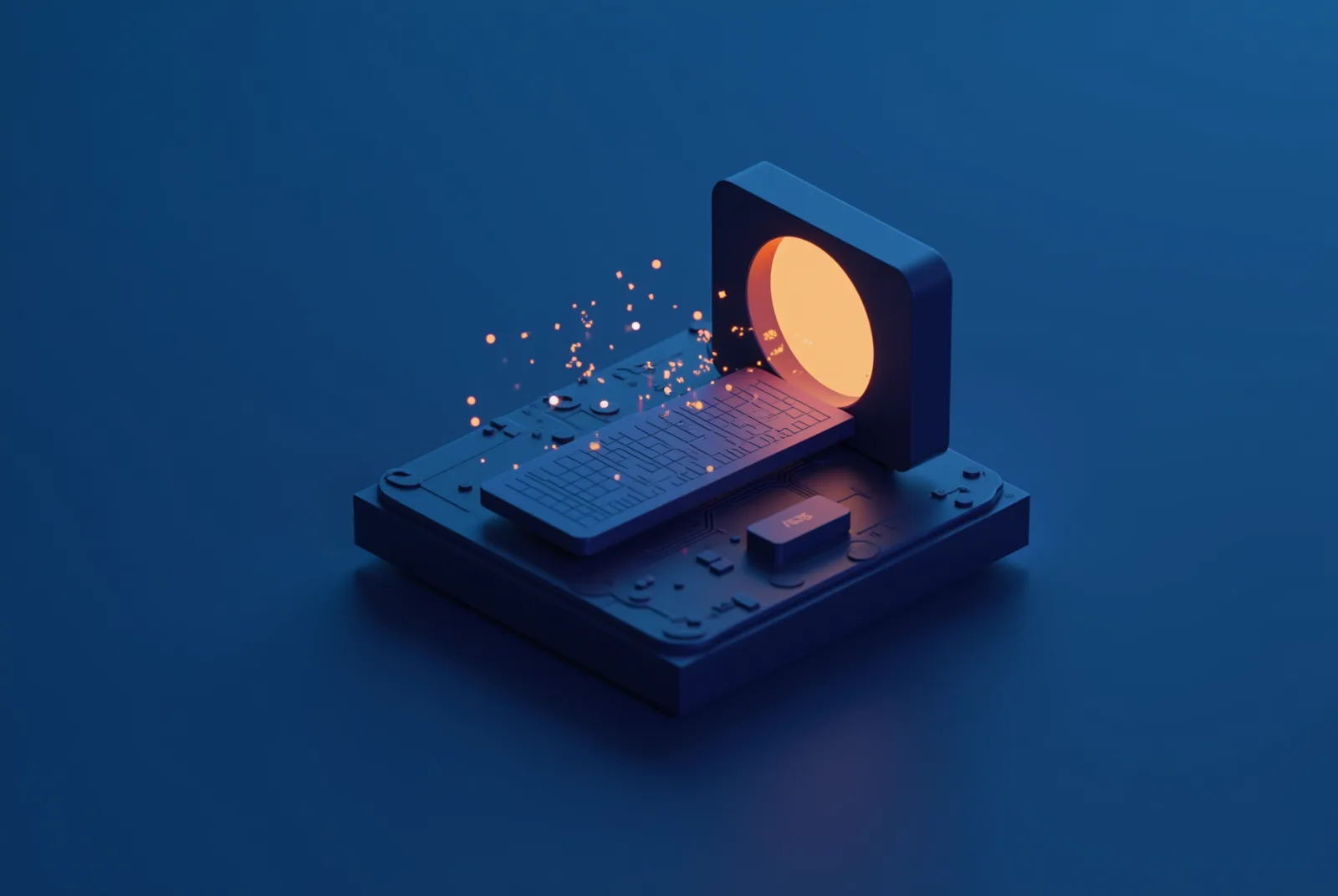 Stylised isometric illustration of an agent node distilling data particles into a finished report slab