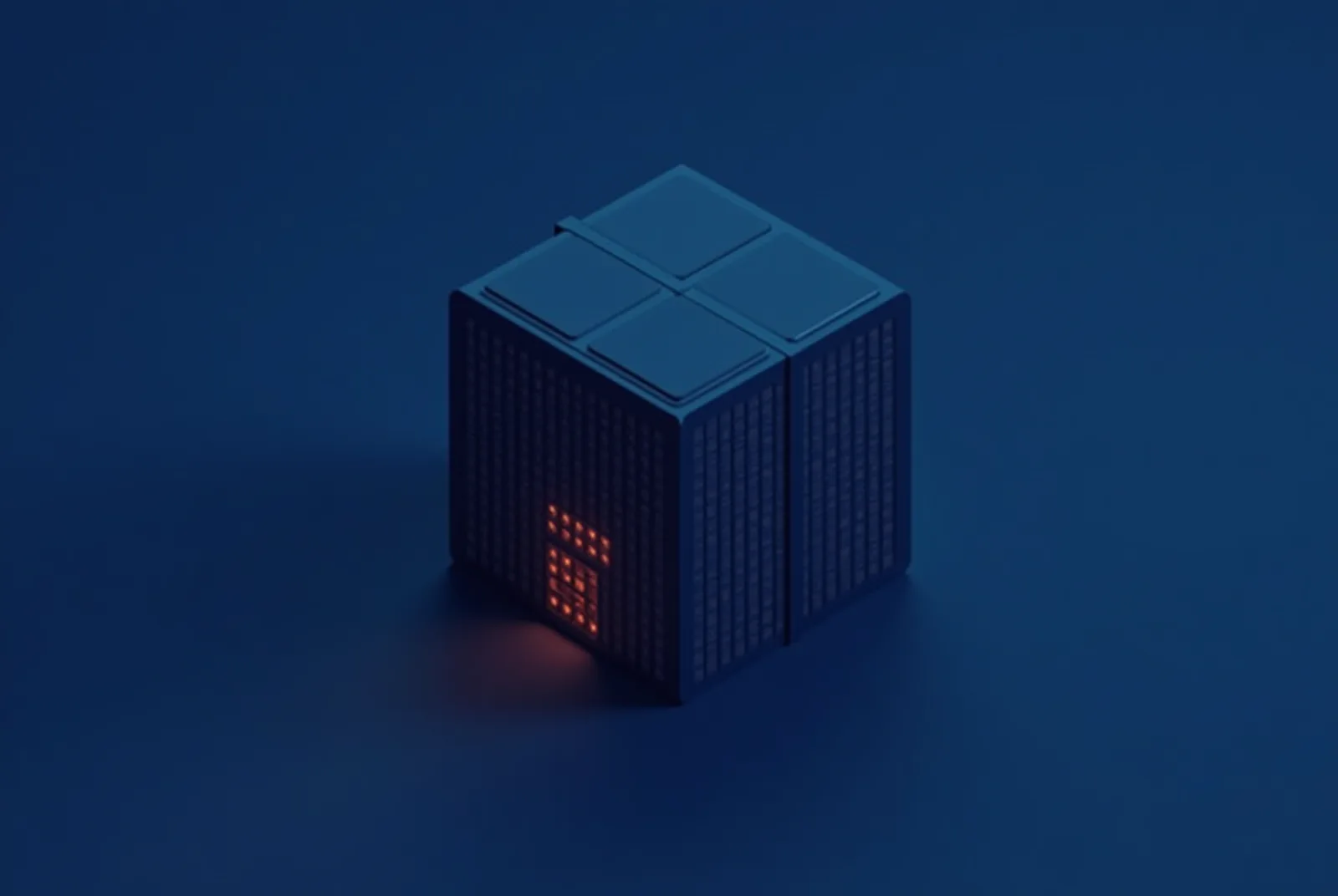 Stylised isometric illustration of a changed building component archived into a sealed evidence ledger block