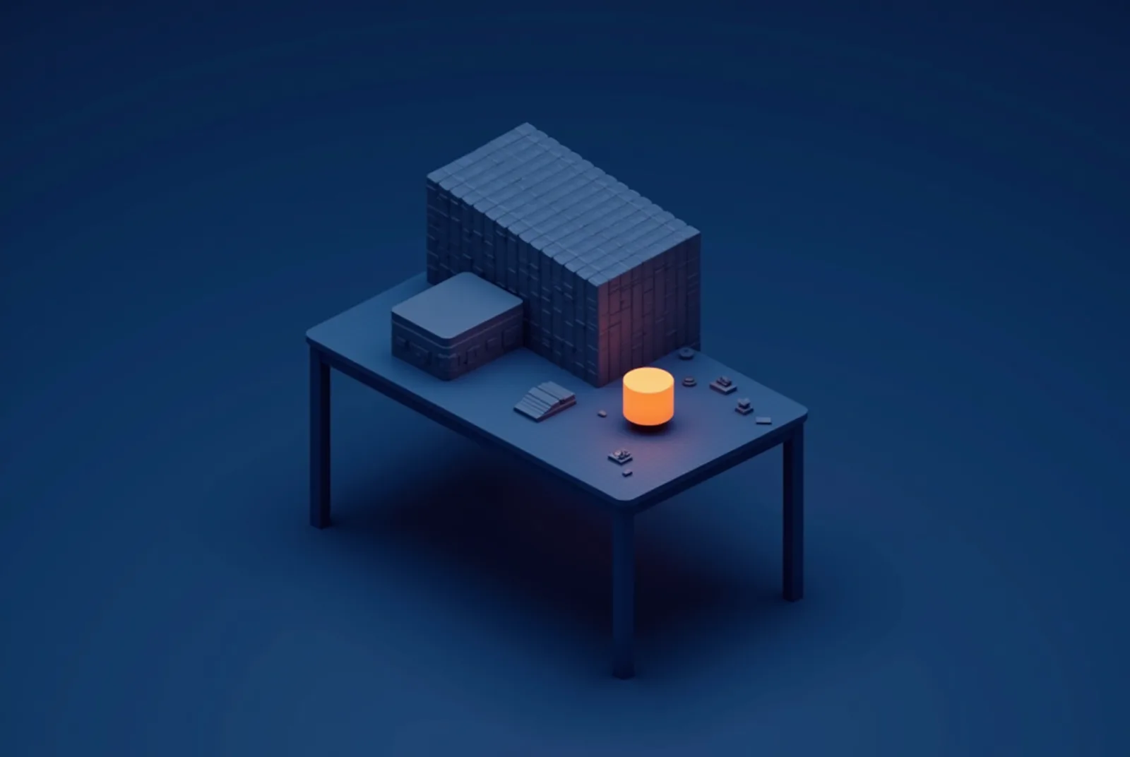 Stylised isometric illustration of an engineers workbench on a construction platform with system blocks under assembly