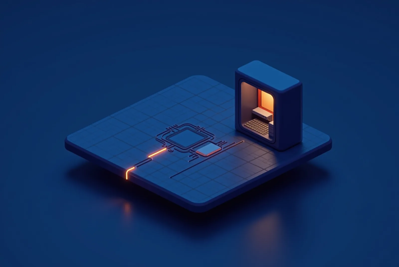 Stylised isometric illustration of one clear channel connecting an outside node to a lit workbench