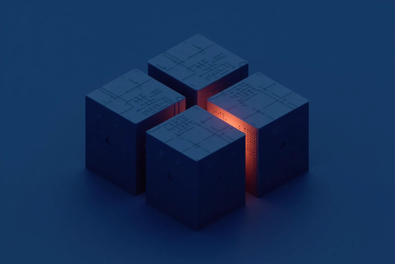 Stylised isometric illustration of linked company platforms with roots descending into an industry substrate