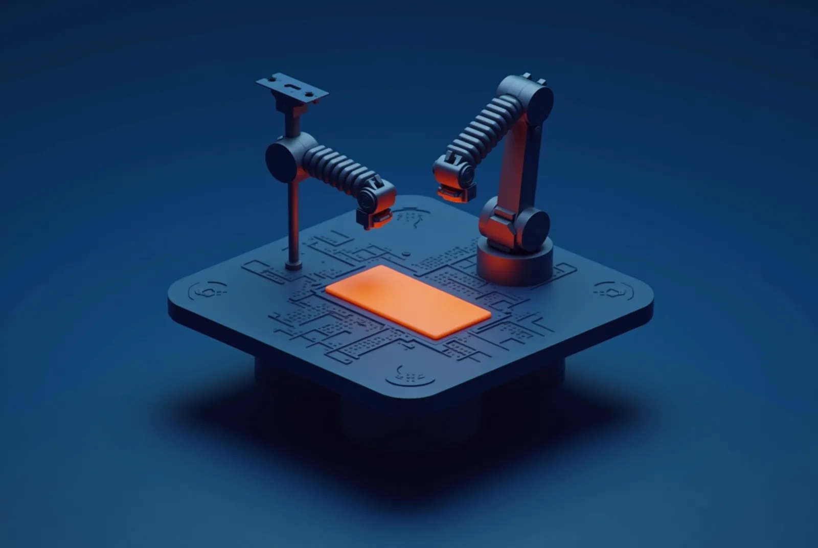 Stylised isometric illustration of a bespoke platform assembled by precision robotic arms