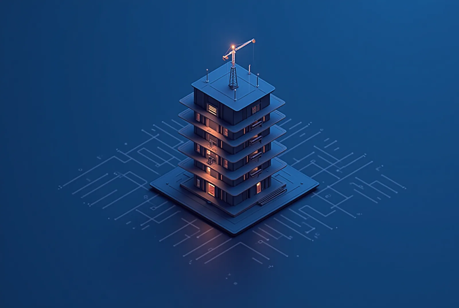Stylised isometric illustration of one builder hub linked by light channels to many active job site tiles