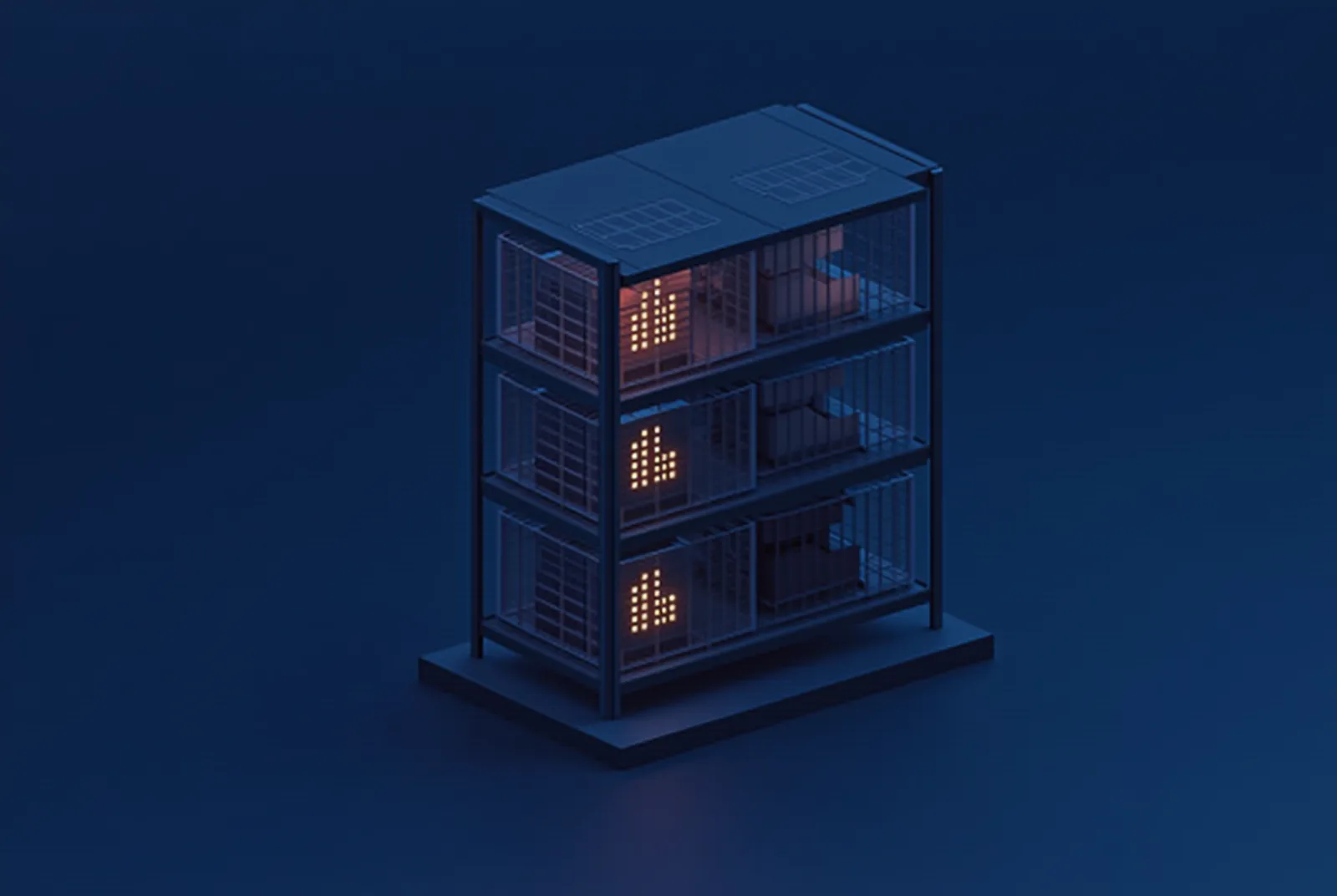 Stylised isometric illustration of a warehouse shelf with crates pre-sorted toward project demand slots
