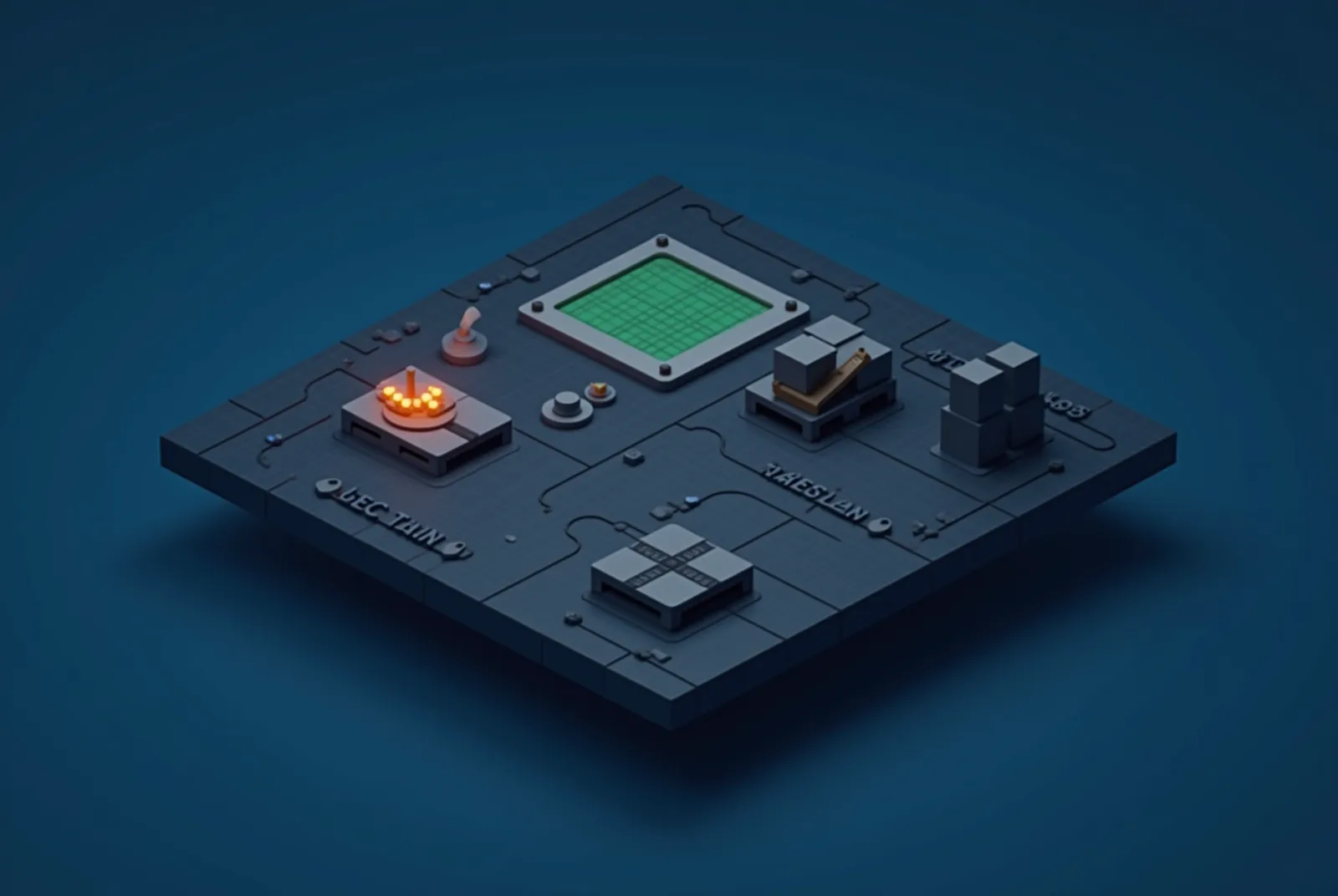 Stylised isometric illustration of a readiness board aligning crew tokens, material pallets and a lit site tile