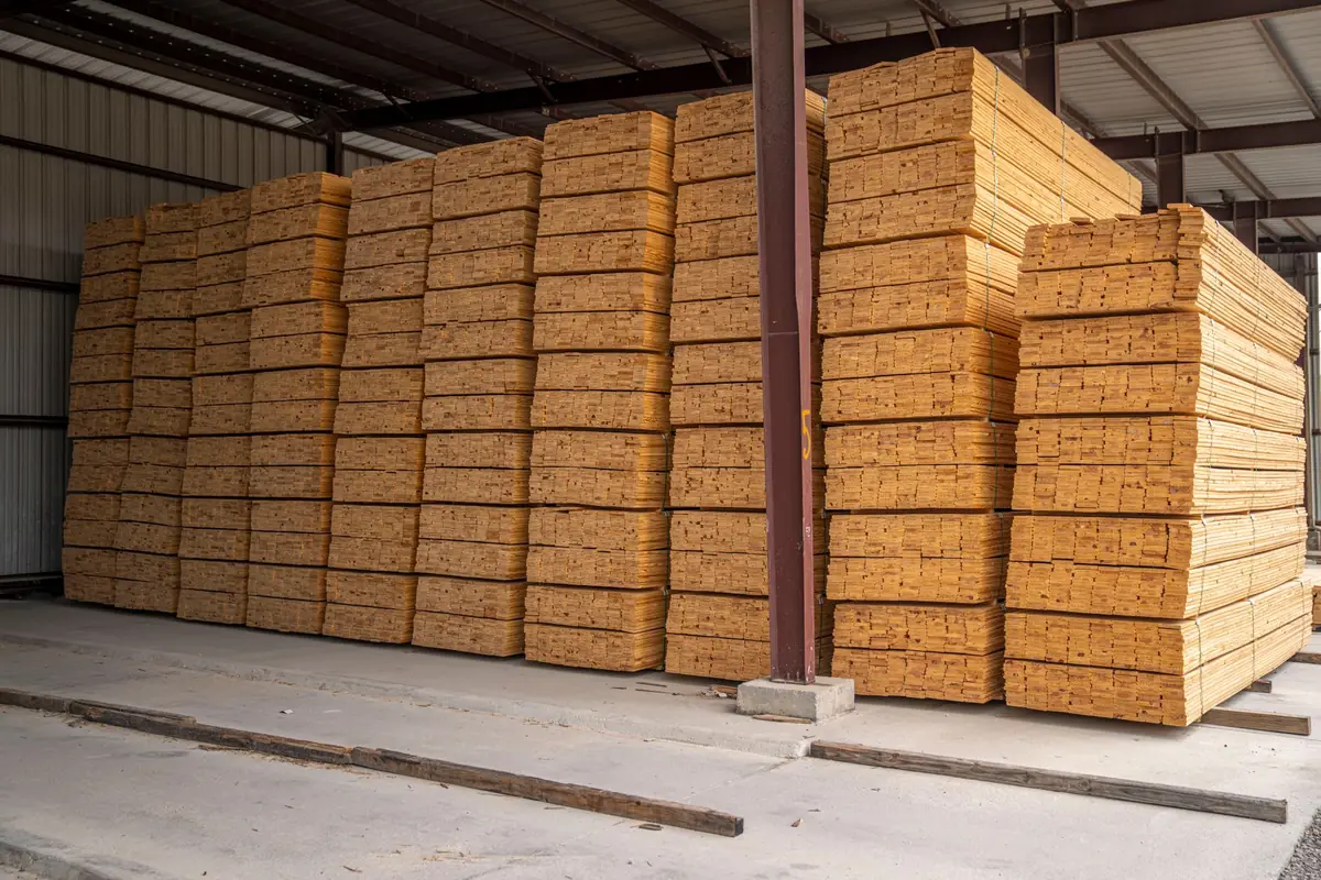 Stacks of sawn timber in a covered storage shed