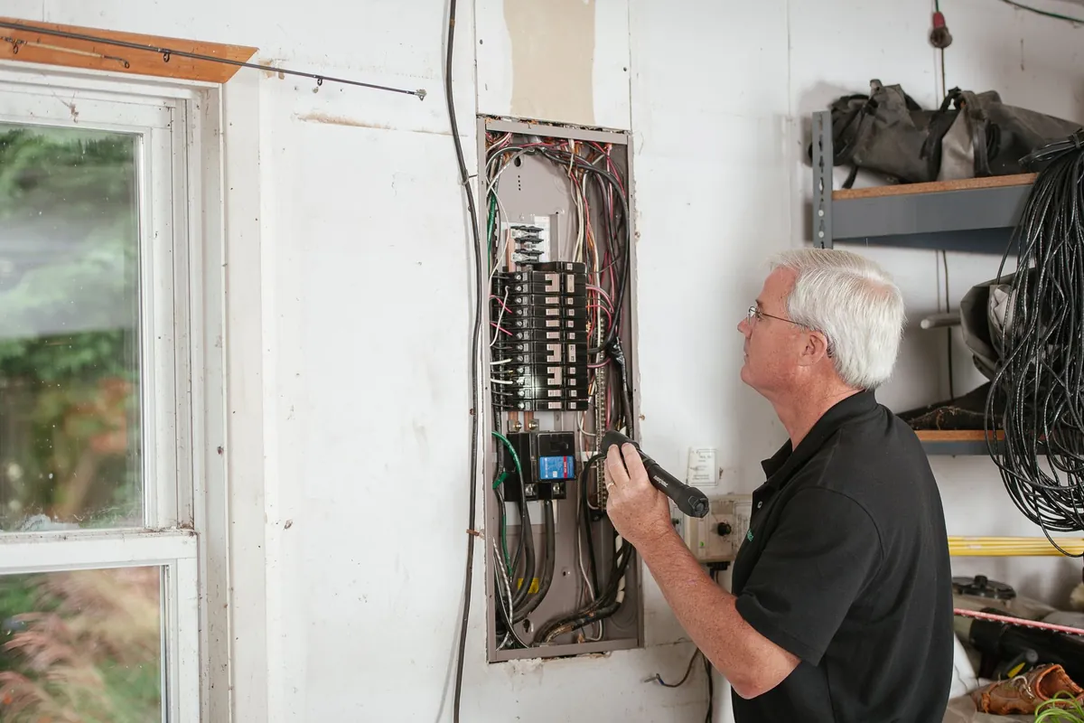 An electrician working at a residential switchboard