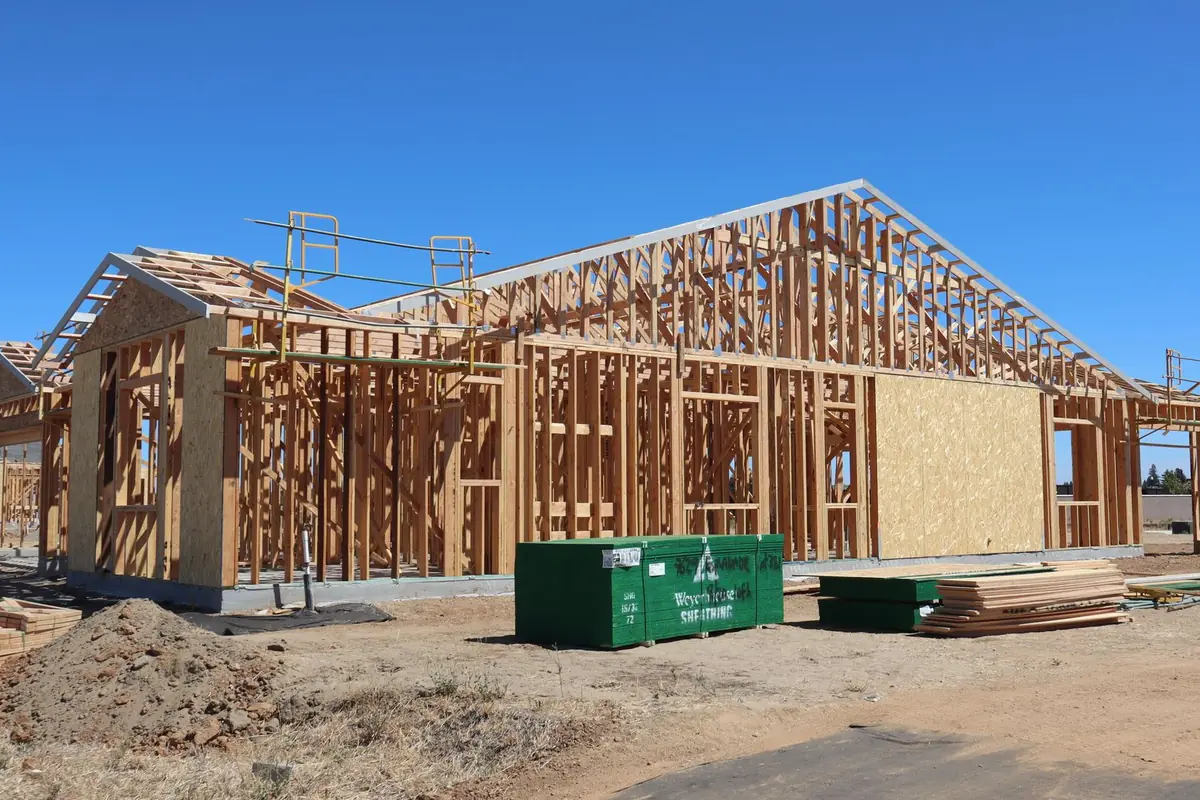 A timber house frame on a cleared site under a clear blue sky, with a skip bin beside it