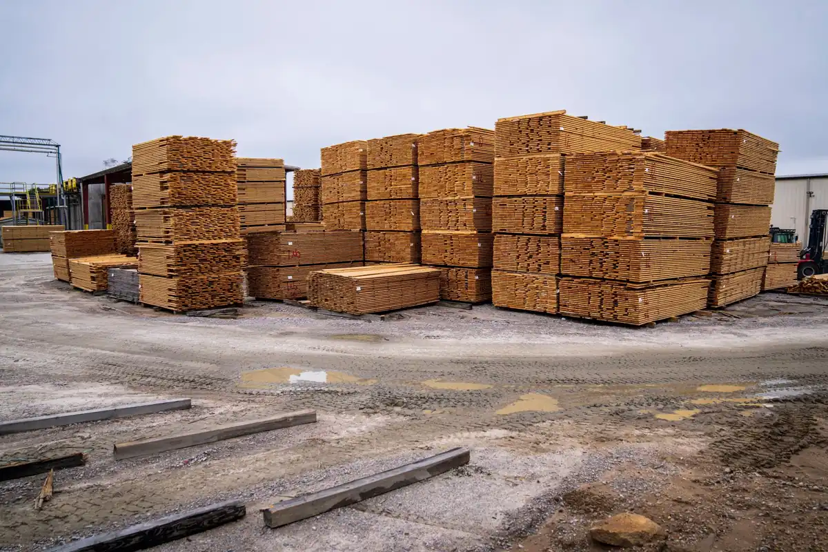 Stacks of sawn timber in an outdoor timber yard