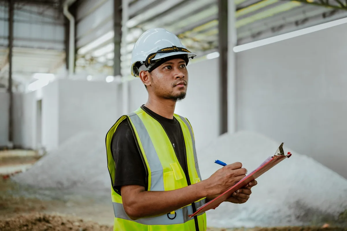A worker in a hard hat and high-visibility vest writing on a clipboard in a warehouse