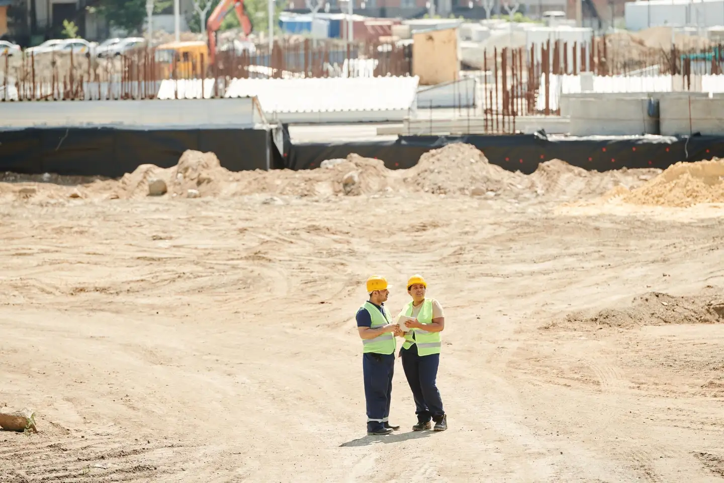 Two workers in hard hats and high-visibility vests talking on a cleared construction site