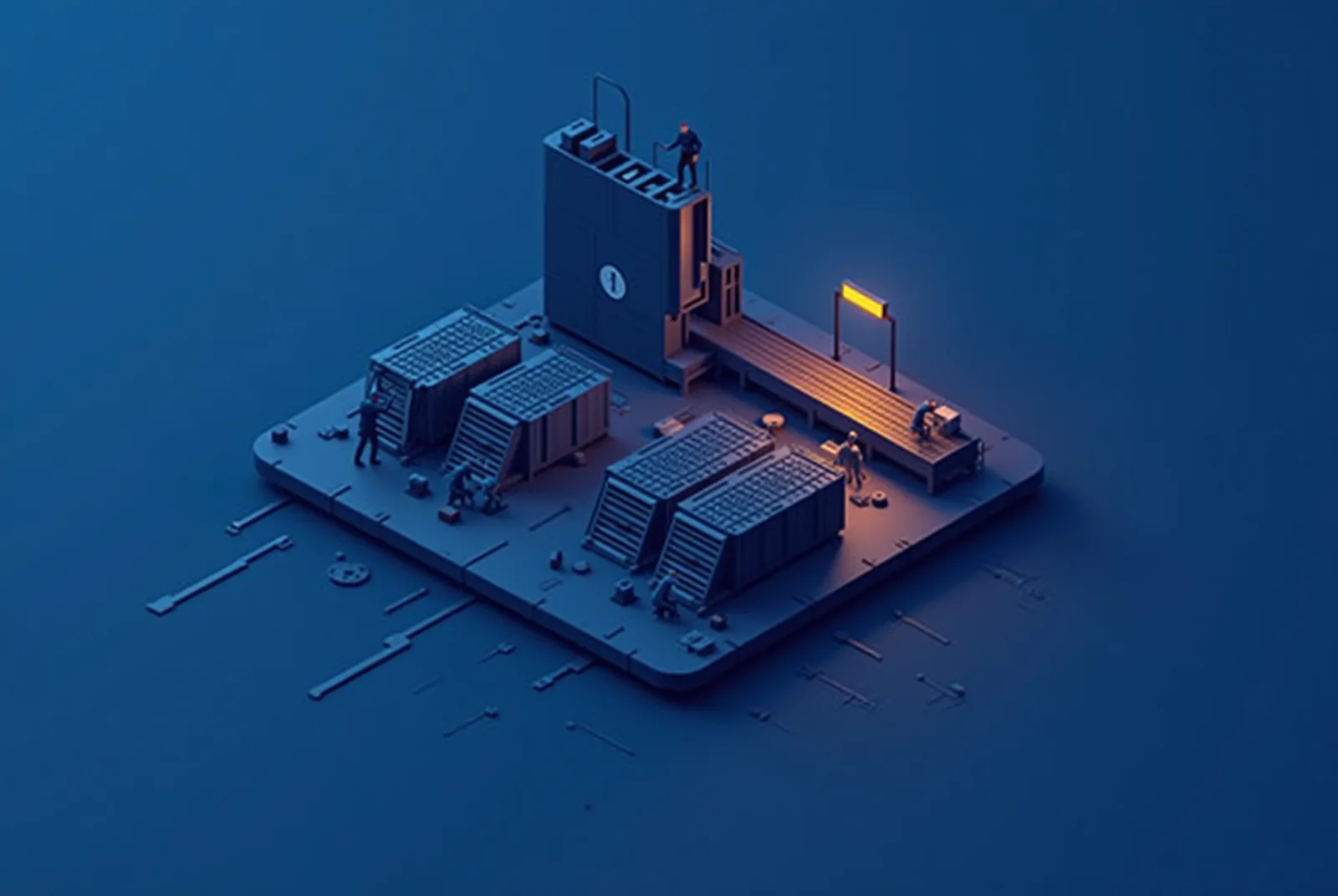 Stylised isometric illustration of small workshop platforms doing manual work beside one mechanised production line
