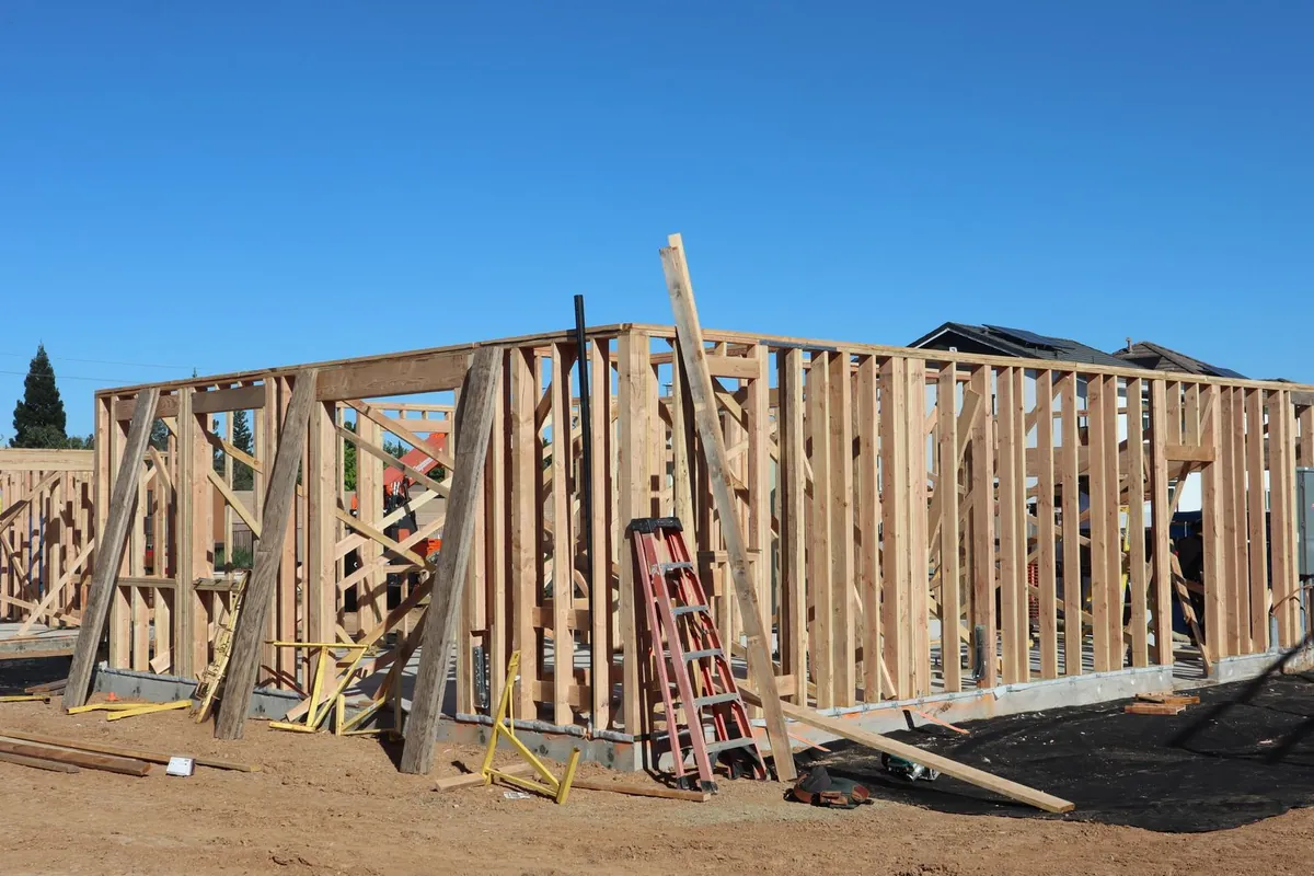 Timber wall frames standing on a new residential slab under a clear sky