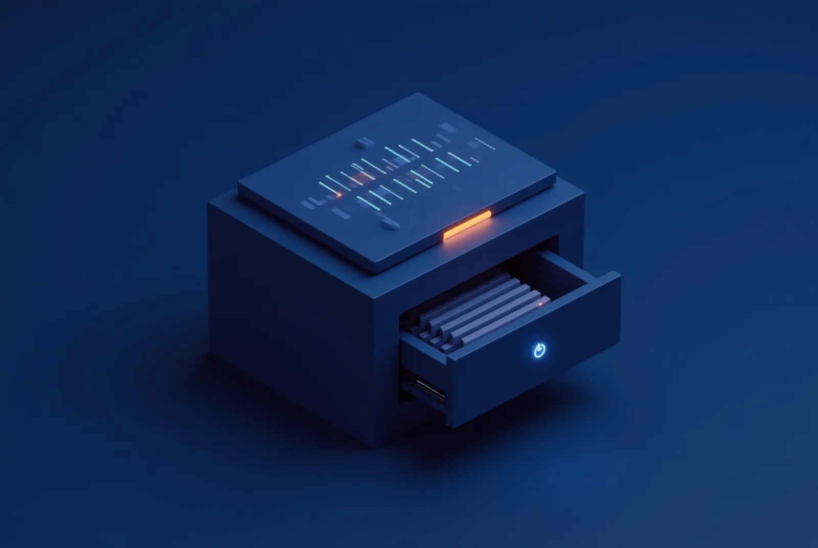 Stylised isometric illustration of a summary slab on a plinth with rows of data bars above an archive drawer