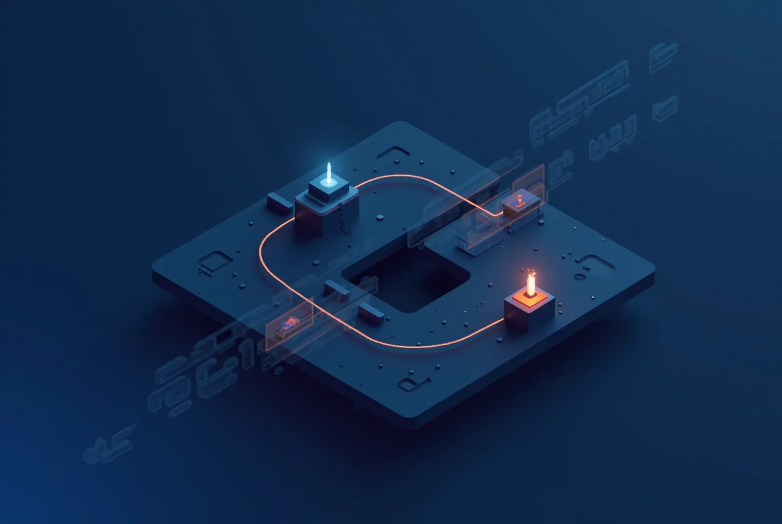 Stylised isometric illustration of agent nodes docked into a workflow track running through a building platform