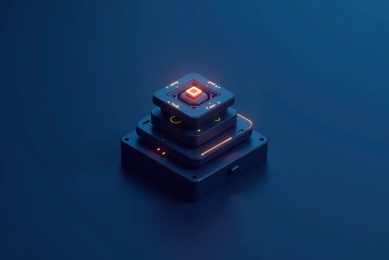 Stylised isometric illustration of an AI core assembled on top of an already running system foundation