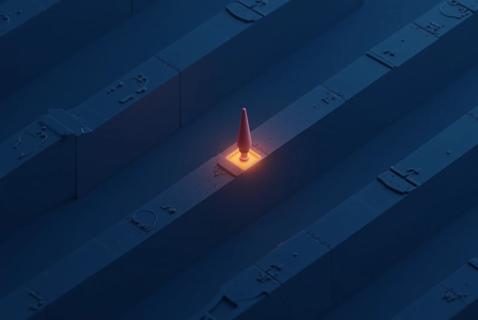 Stylised isometric illustration of one lit workflow lane among many dim parallel lanes