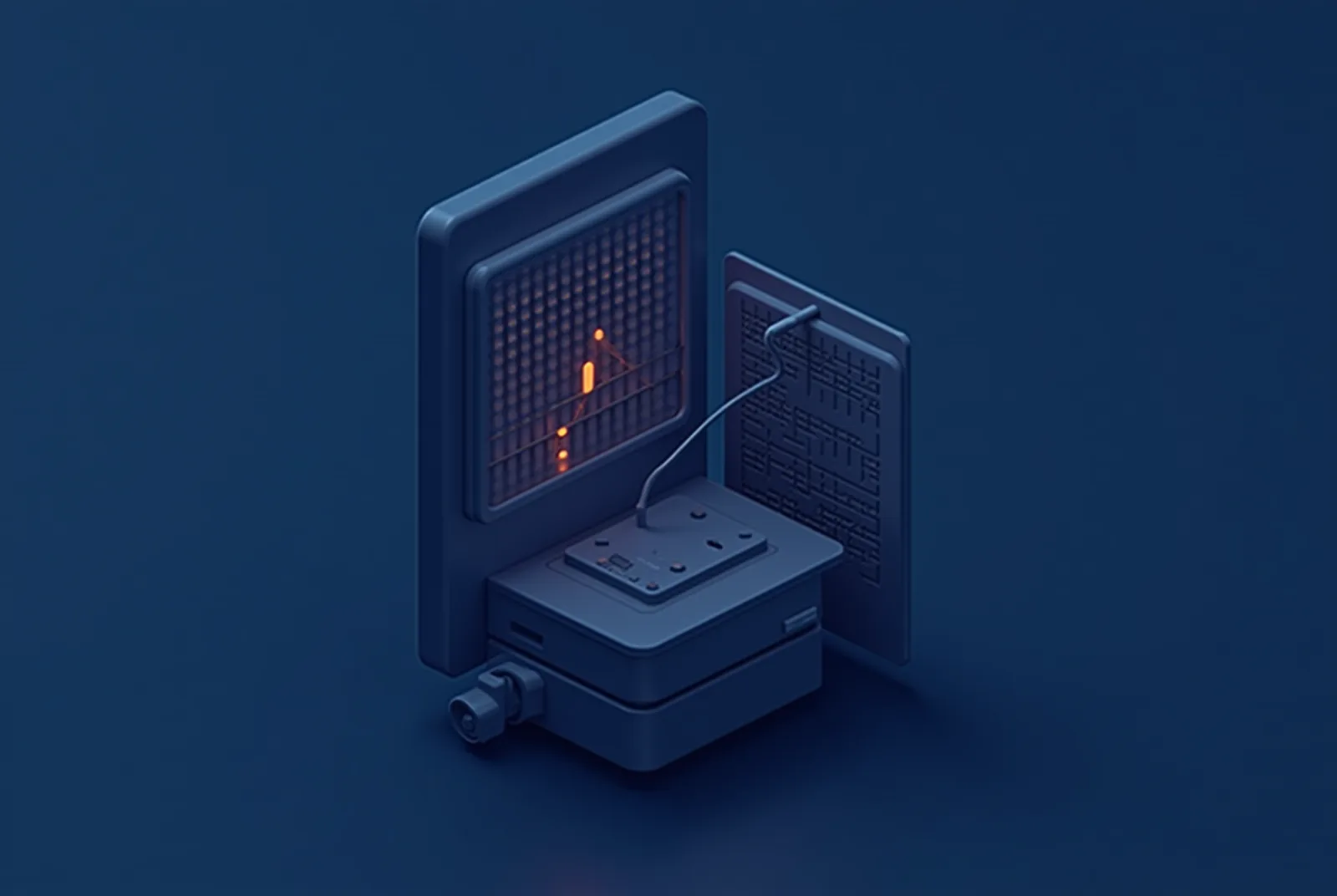 Stylised isometric illustration of a voice waveform ring answering a call node wired into a scheduling board
