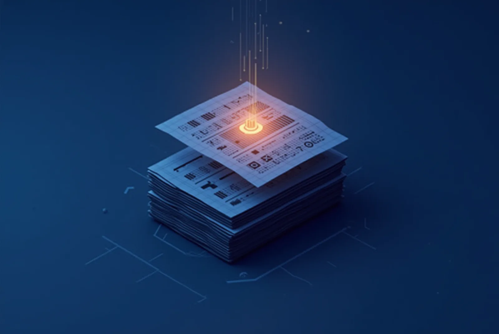 Stylised isometric illustration of drawing sheets fanning out under a scanning beam into structured data tiles