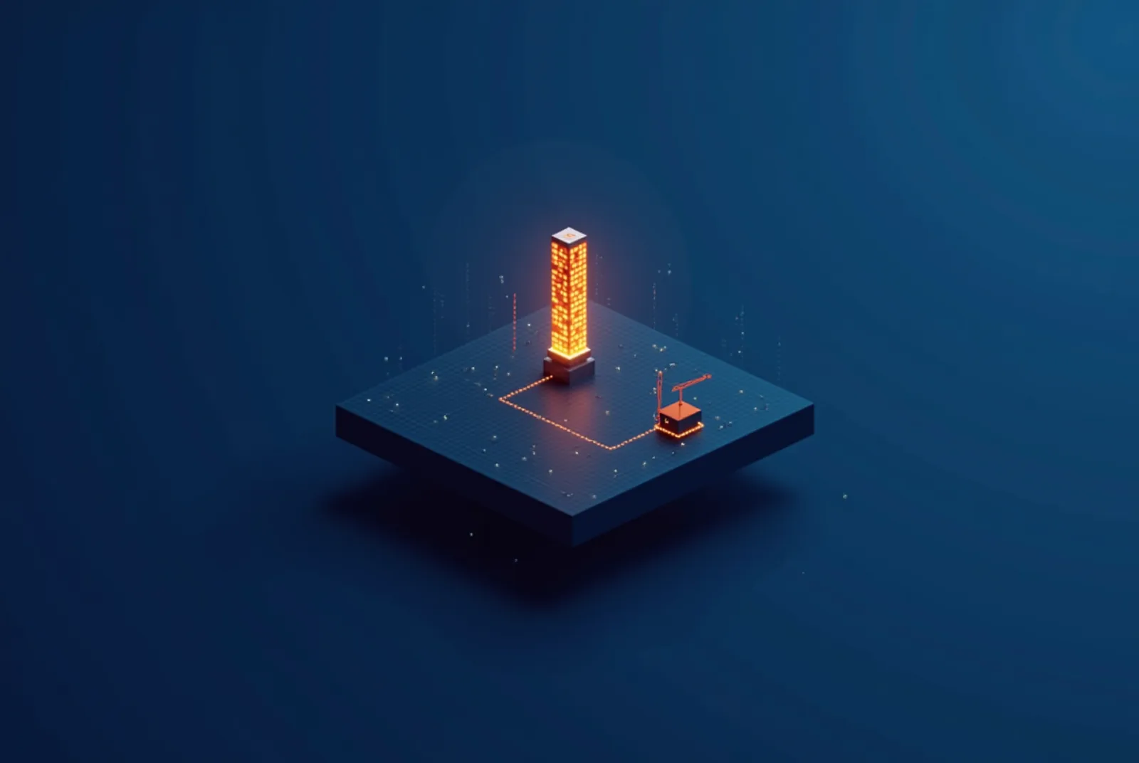Stylised isometric illustration of one regional node on an abstract map plane linked to a construction platform