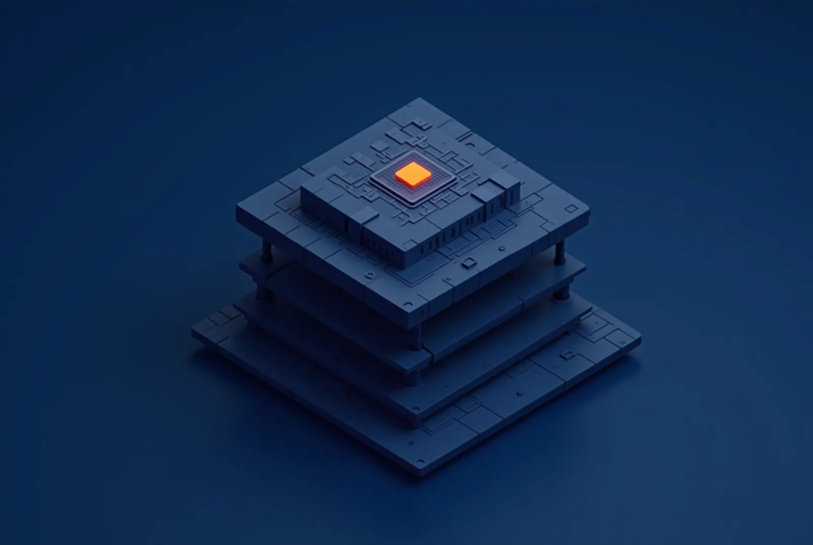Stylised isometric illustration of a software block engineered on a workbench inside a construction site platform