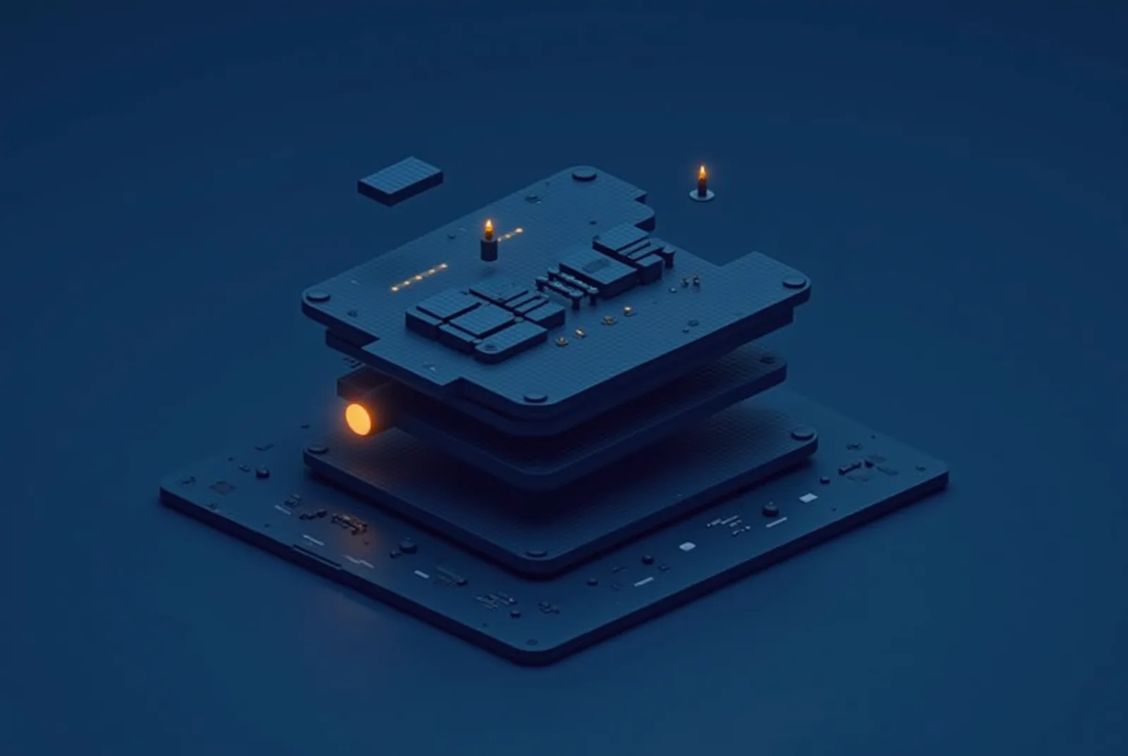 Stylised isometric illustration of an exploded assembly view of a system coming together along a build track