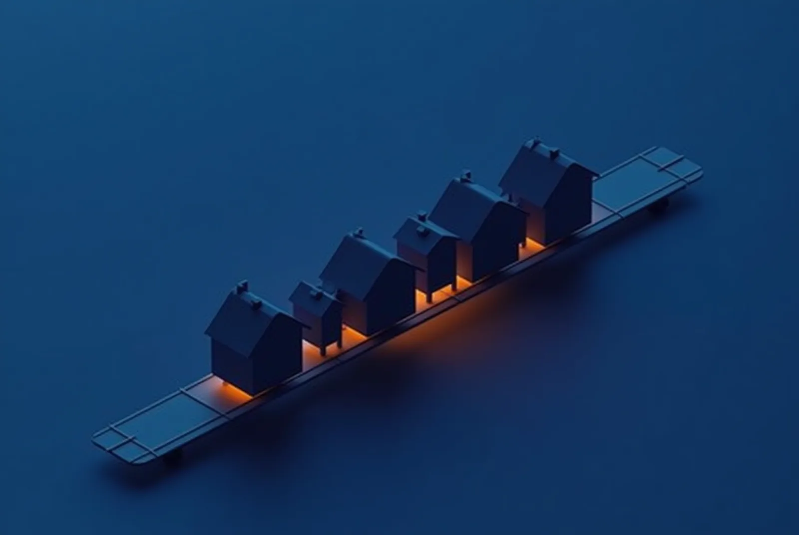 Stylised isometric illustration of residential house forms on a delivery track above a glowing system spine