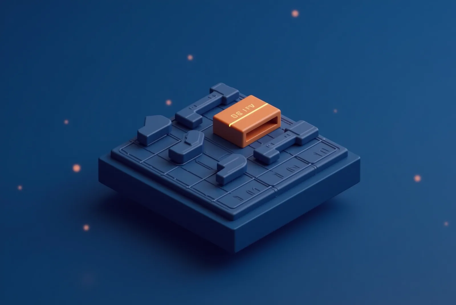 Stylised isometric illustration of a crew token, tool shapes and a materials pallet on a day plan grid