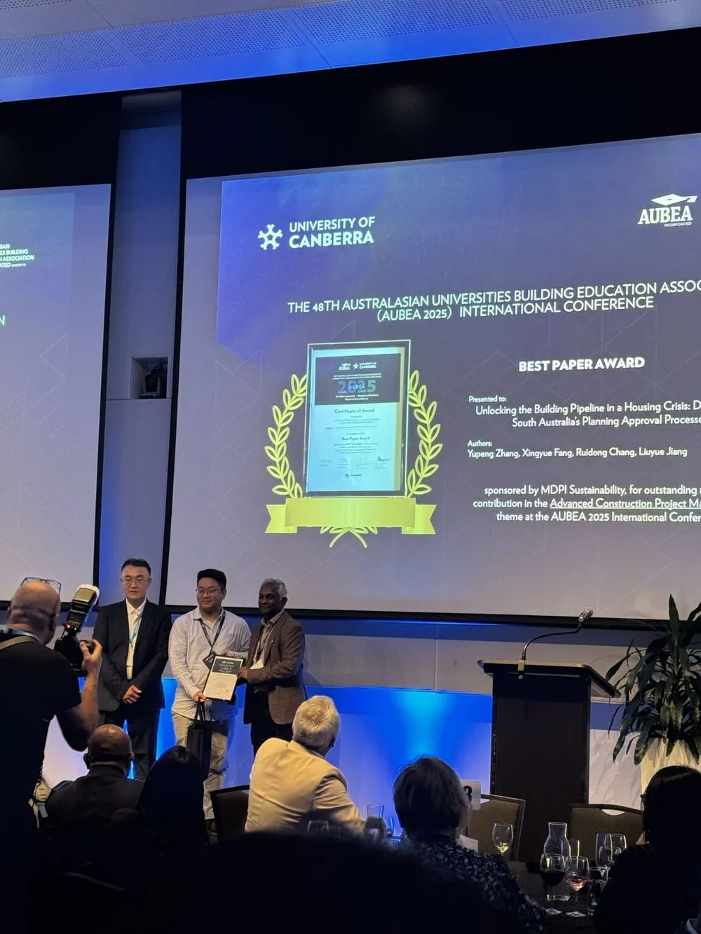 Best Paper Award presentation at the AUBEA 2025 International Conference, University of Canberra