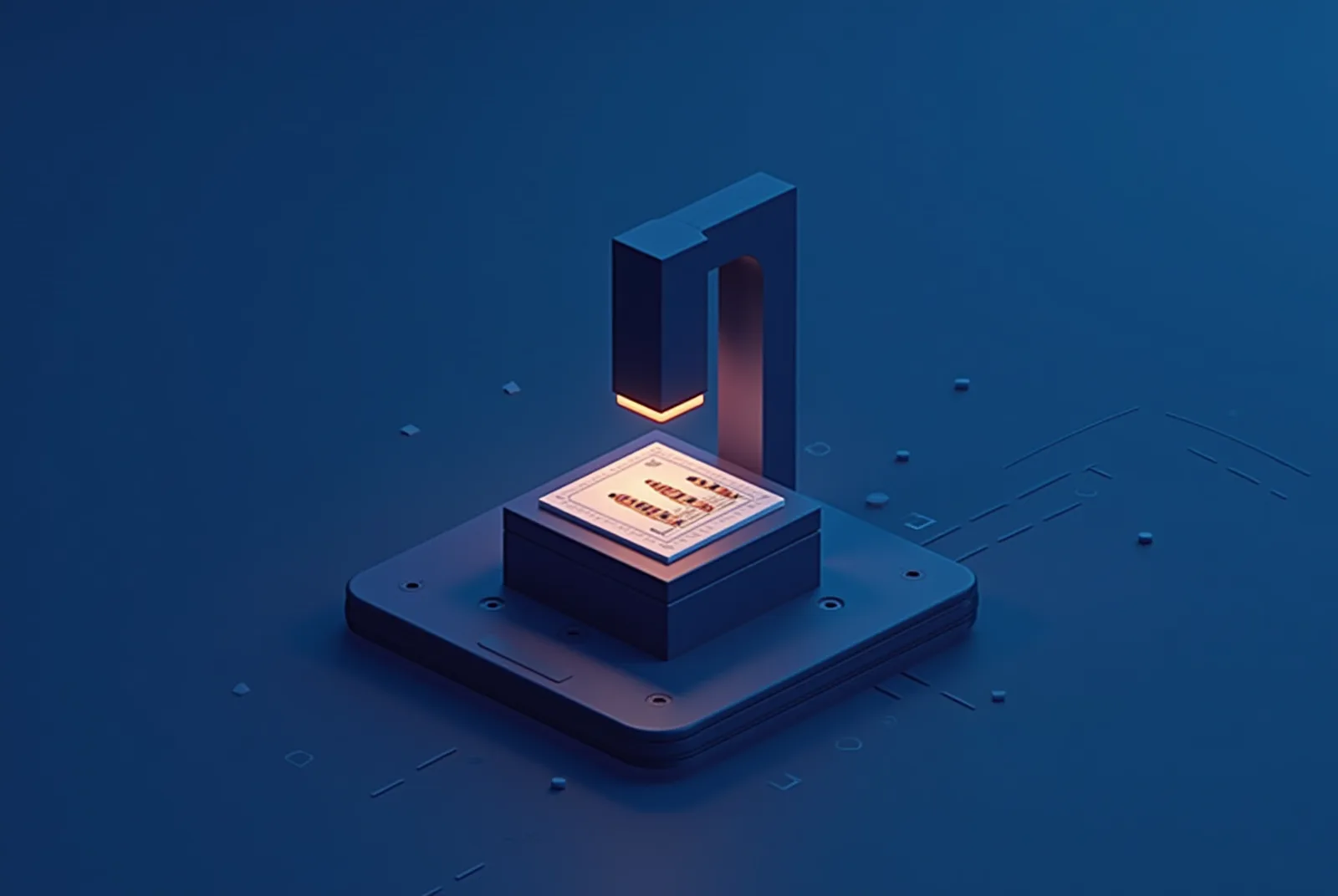 Stylised isometric illustration of a research instrument platform examining specimen slides of building data