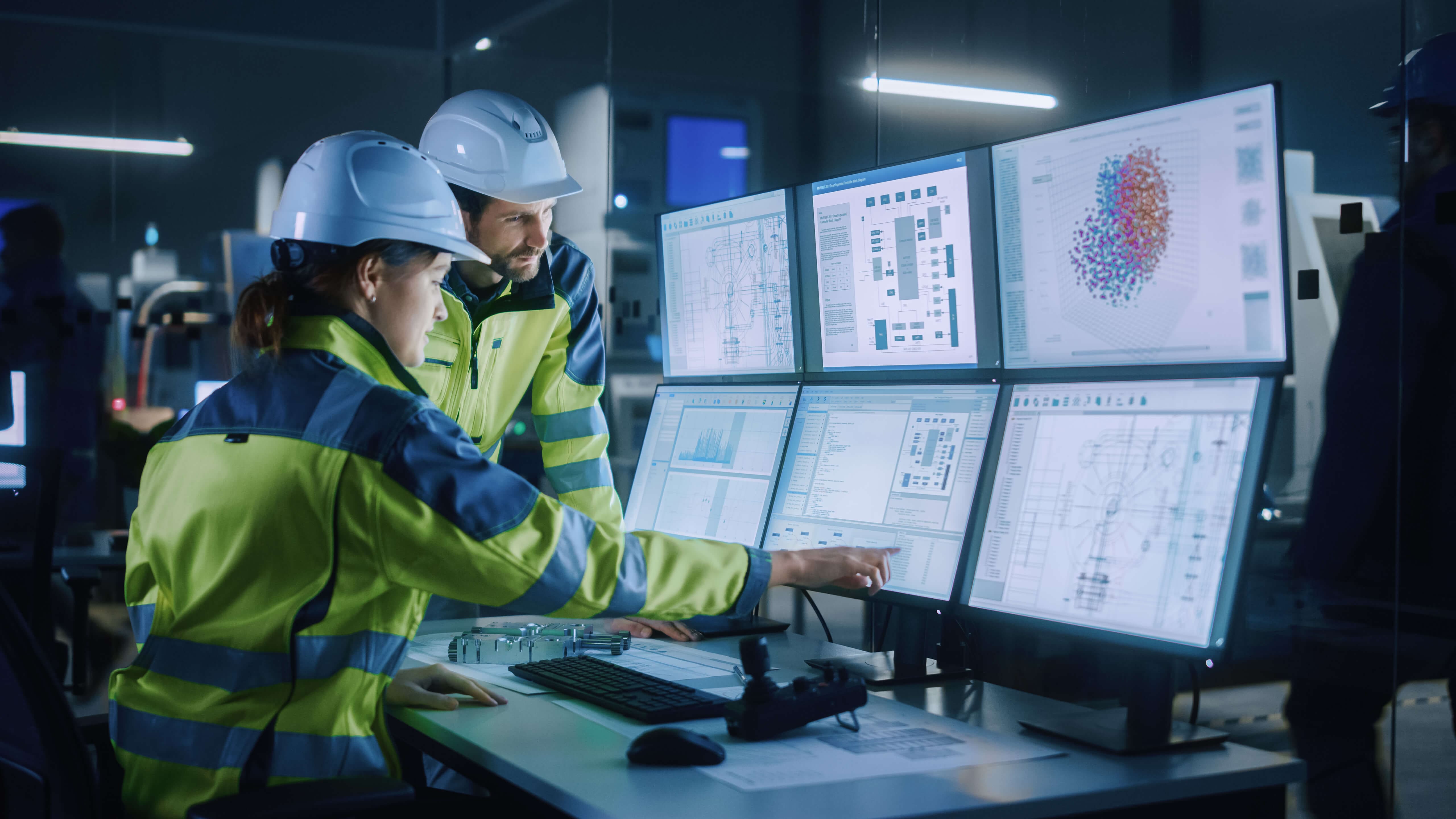 Engineers analysing construction control data
