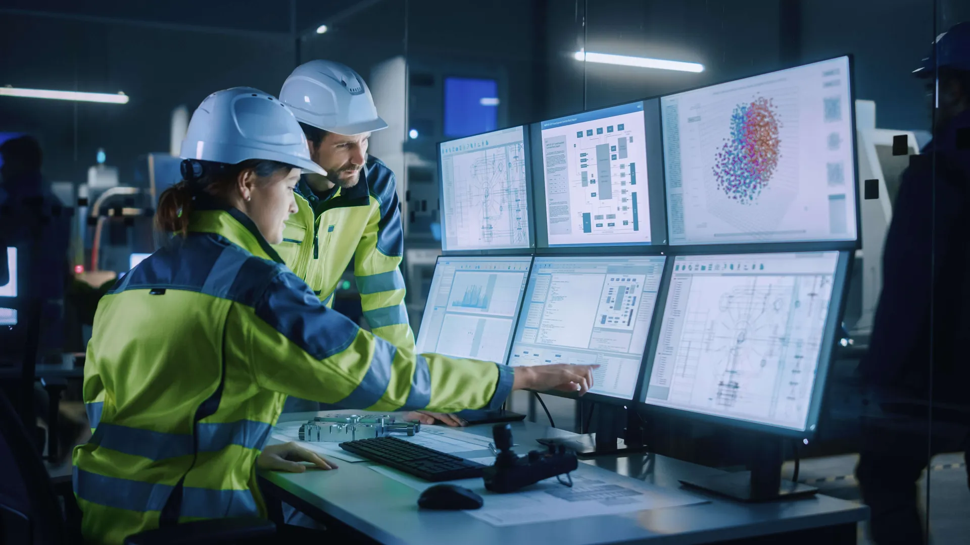Engineers analysing construction control data