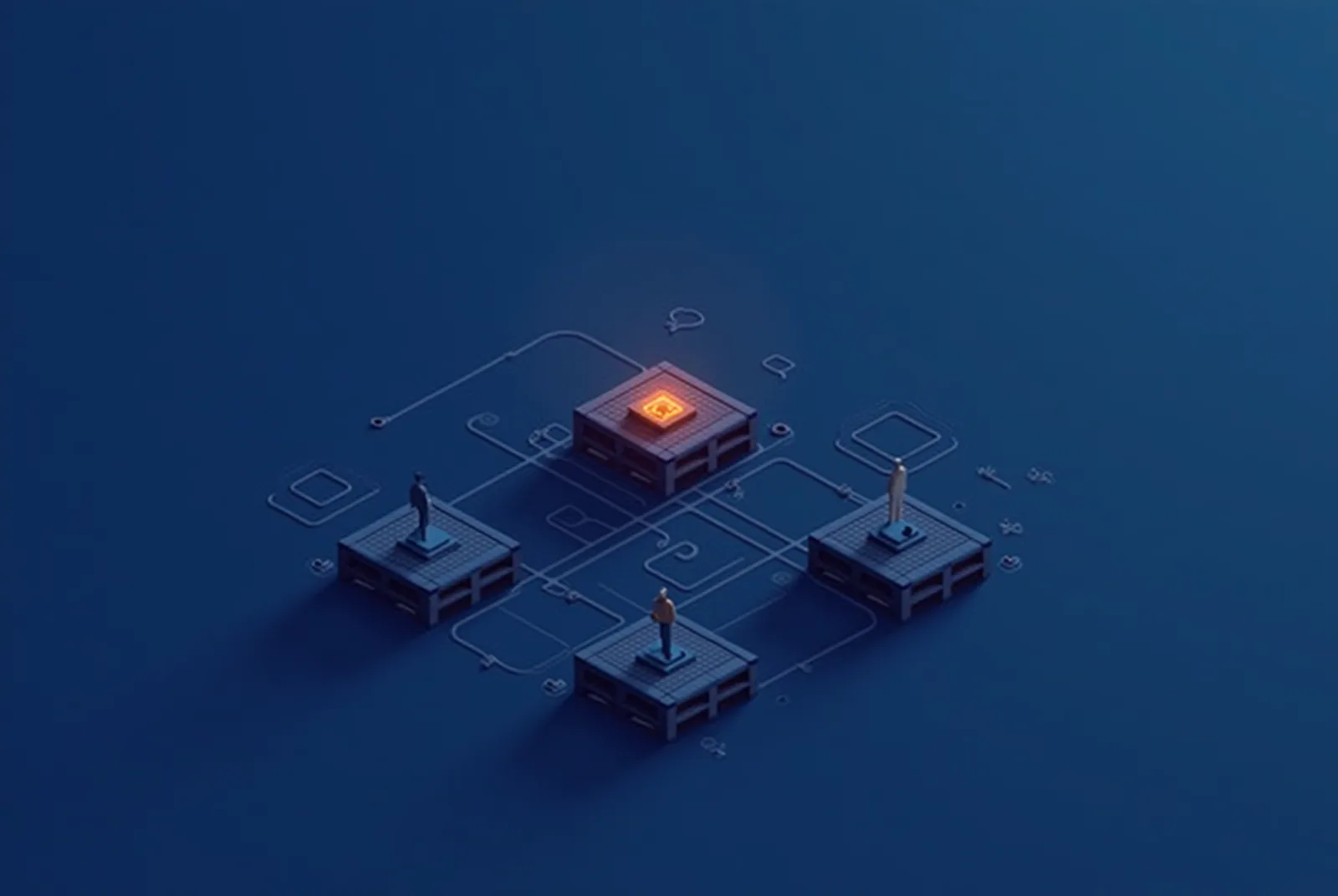 Stylised isometric illustration of material pallets and crew tokens aligning on one coordination grid