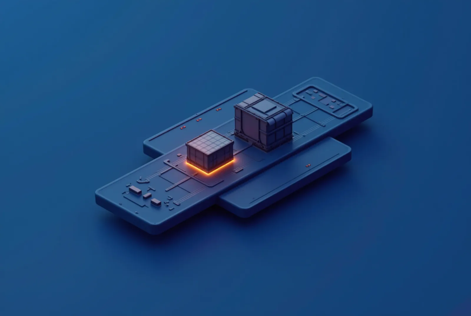 Stylised isometric illustration of supply crates on an ordered conveyor arriving at a staged building platform