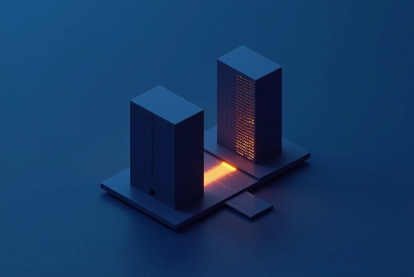Stylised isometric illustration of a building beside its mirrored digital twin synchronised by light threads