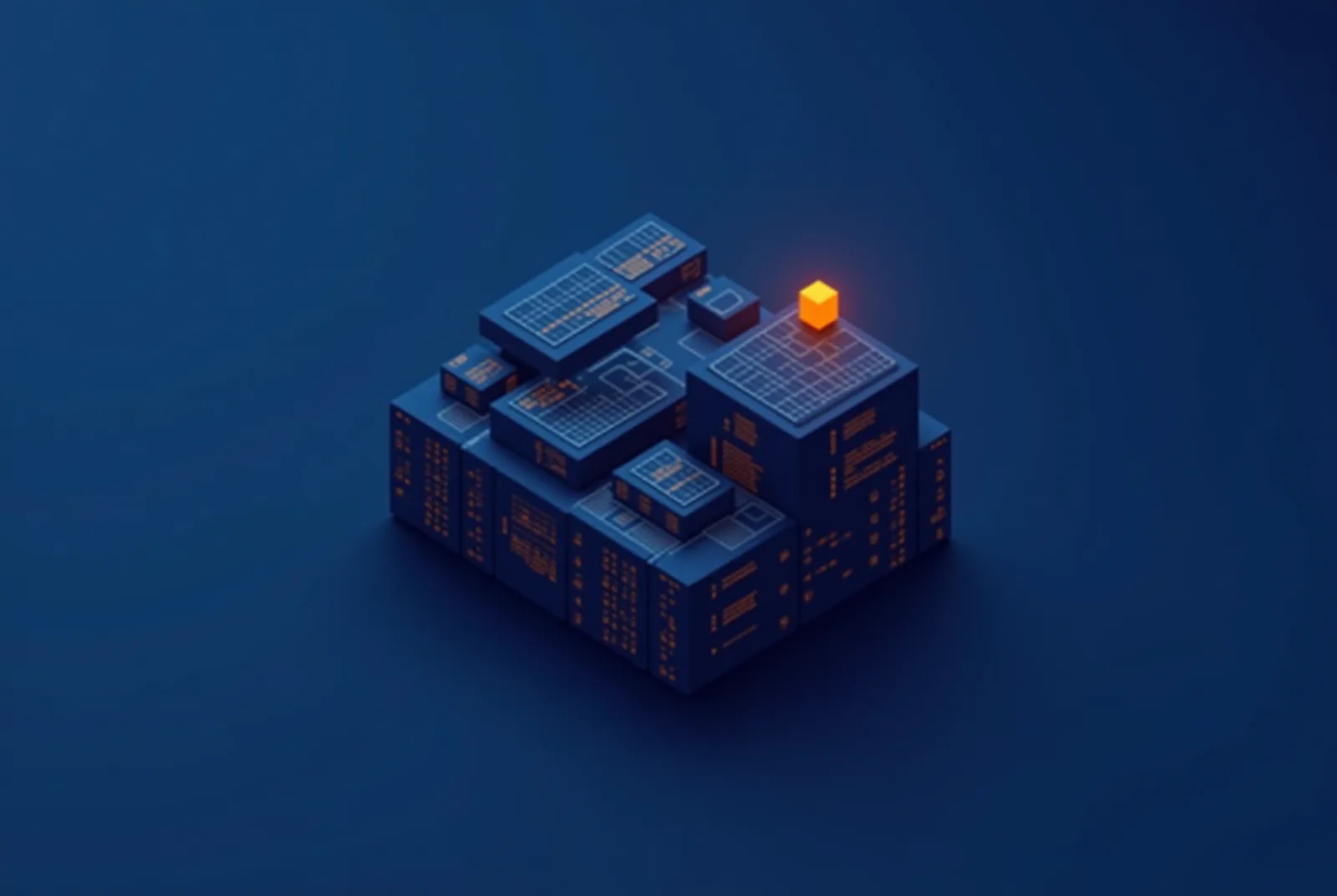 Stylised isometric illustration of public data fragments converging through a lens into one structured brief