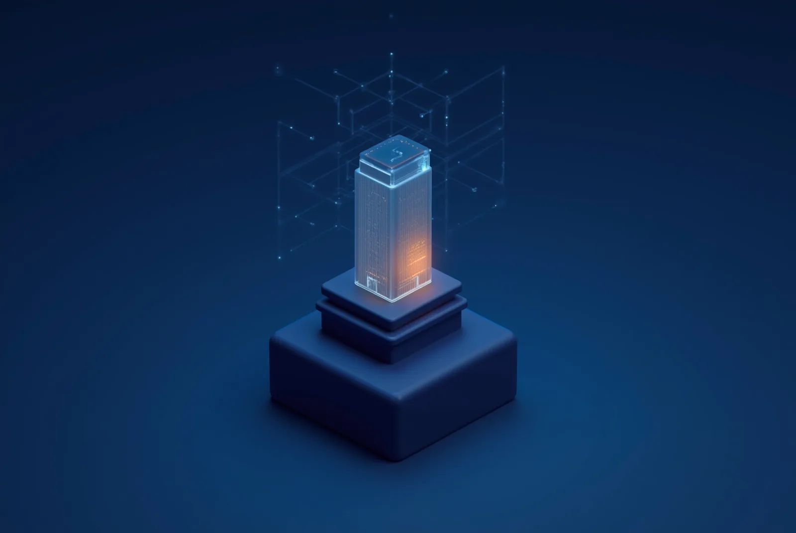Stylised isometric illustration of a translucent holographic building projected in layers above a plinth